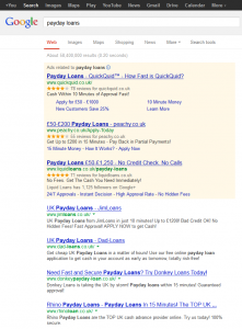 Снимок экрана результатов Google Page 1 для «займов до зарплаты» 10 мая 2013 г