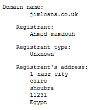Снимок экрана регистрации домена Jimloans