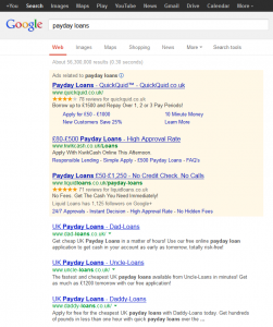 Снимок экрана результатов страницы 1 Google для займов до зарплаты 13 мая 2013 г